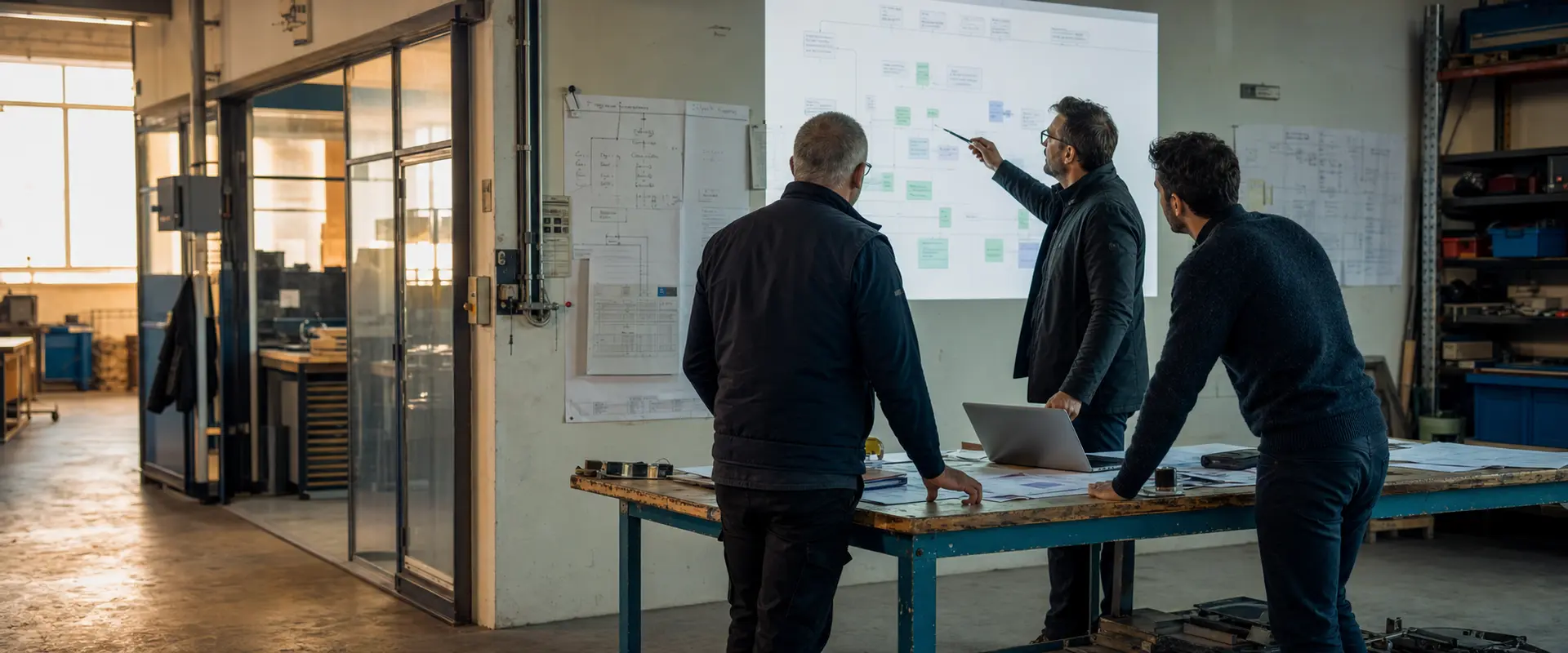 Équipes métier et technique cartographiant un processus dans un atelier industriel