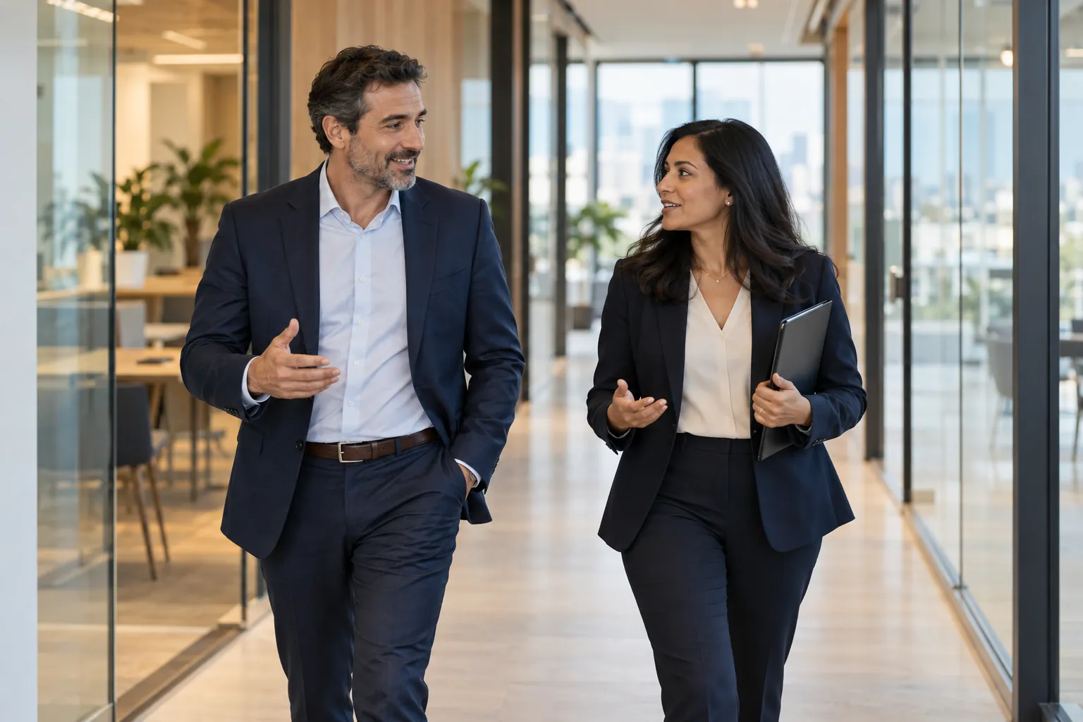 Two executives talk as they walk down a glass-walled corridor; she carries a folder.