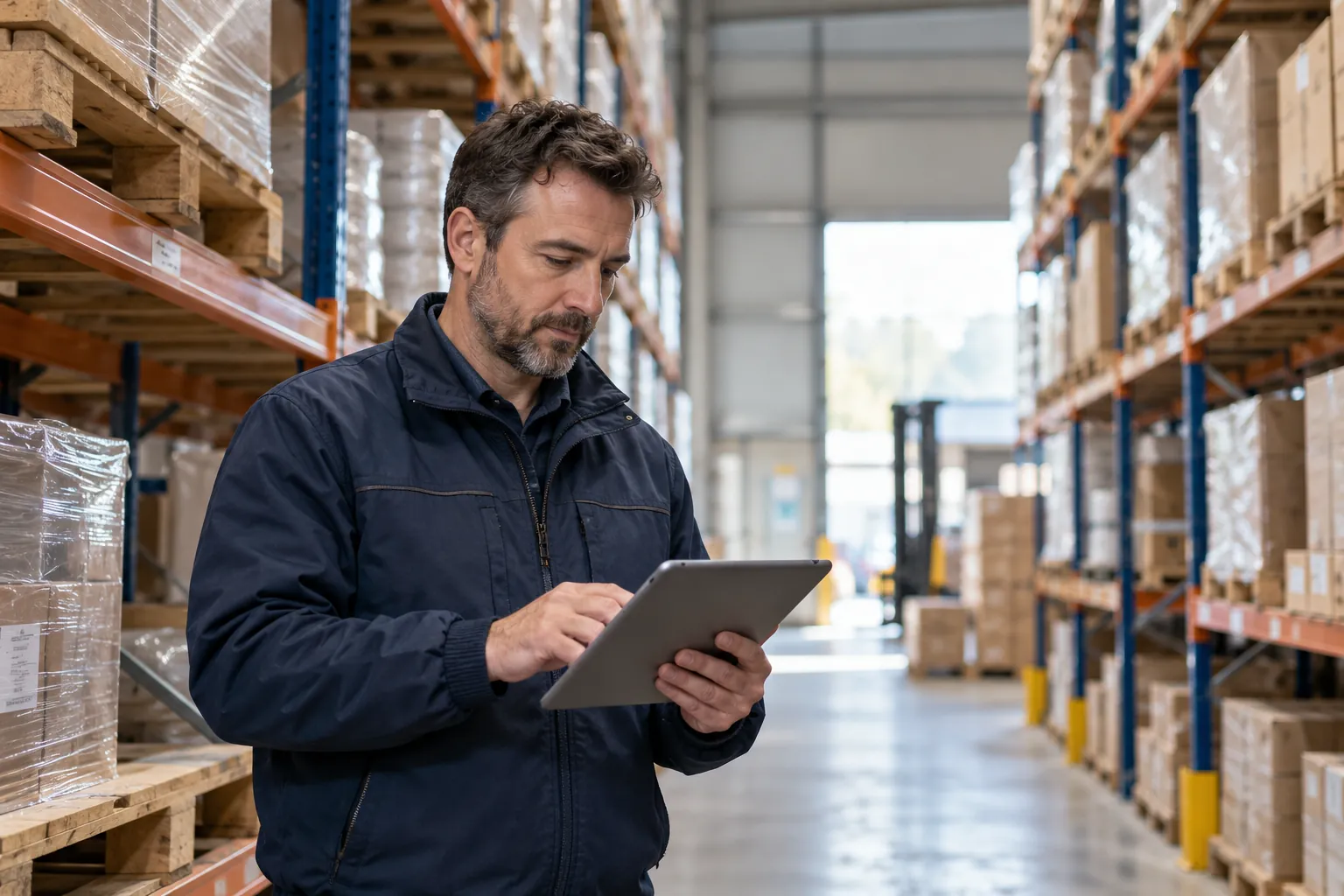 A logistics worker checks a tablet between pallet racks in a warehouse.