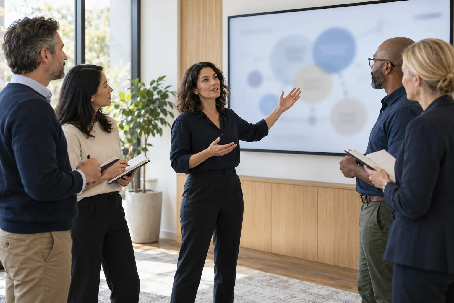 A trainer standing at a large wall screen explains a diagram to four standing participants holding notebooks.