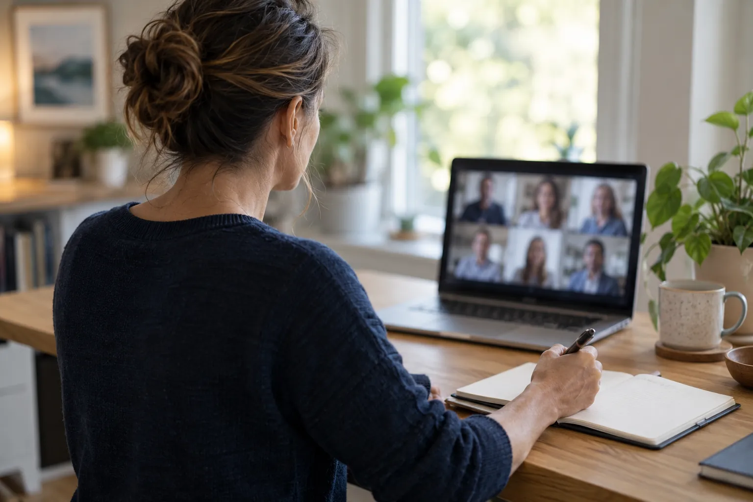 Over-the-shoulder view of a participant attending a remote follow-up session and taking notes in a notebook.
