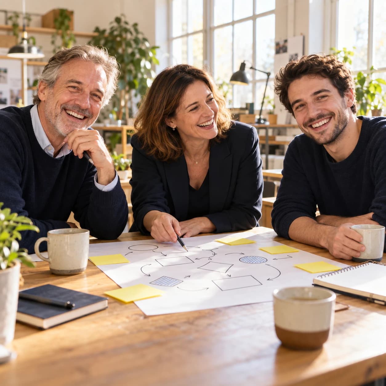 Three colleagues smile around a process diagram and sticky notes.