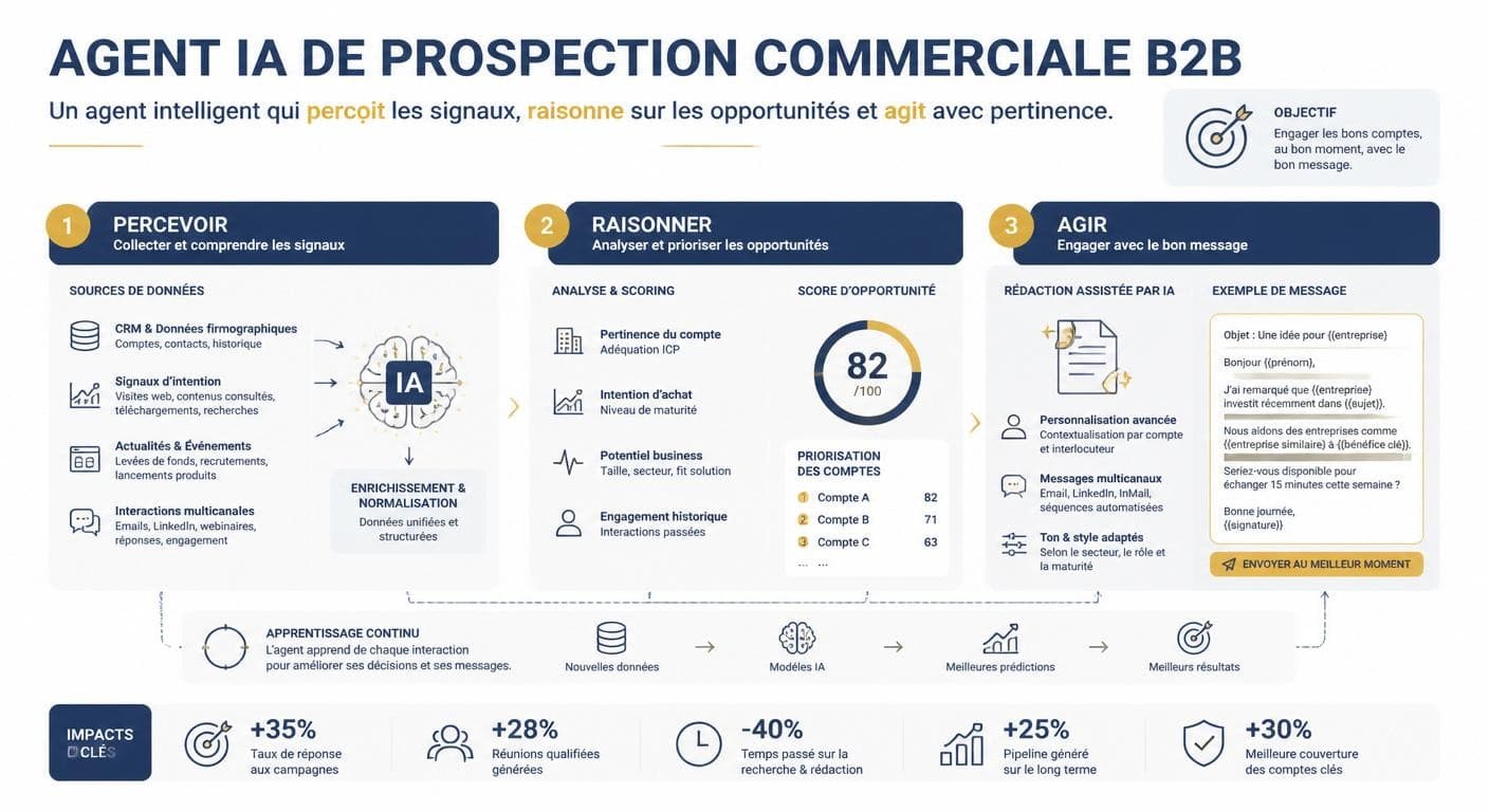 Infographie définissant un agent IA de prospection commerciale B2B : percevoir, raisonner, agir