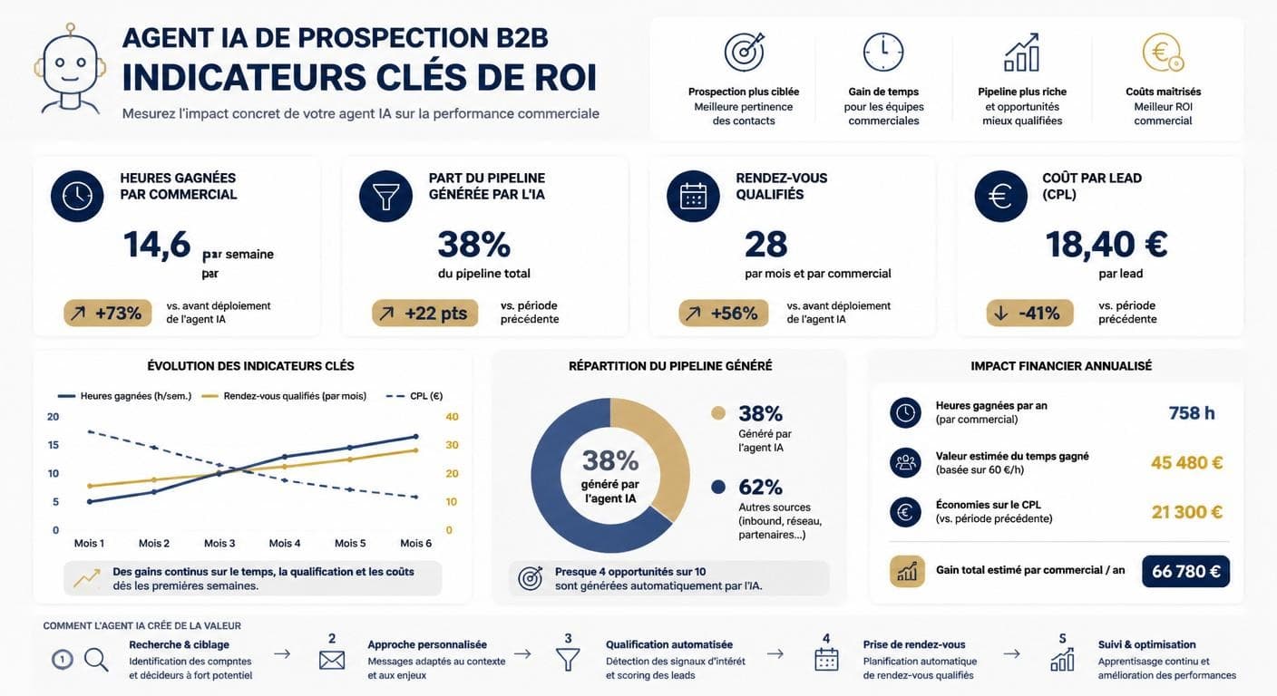 Infographie des indicateurs de ROI d'un agent IA de prospection B2B