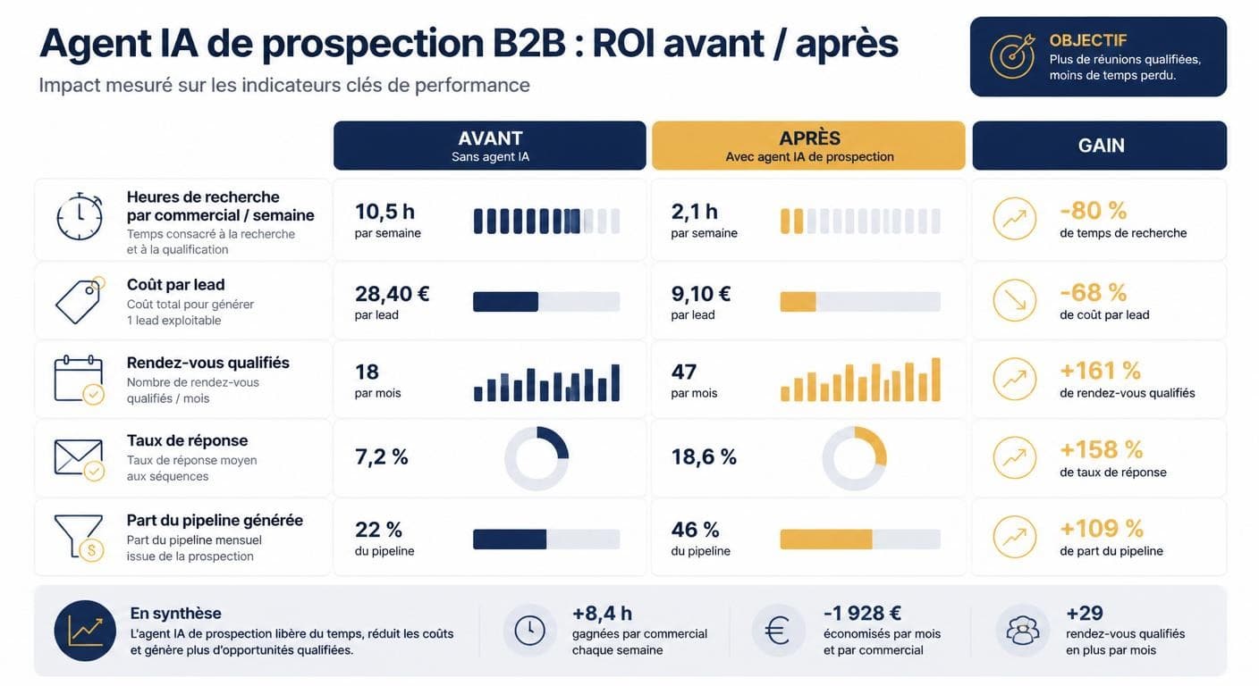 Infographie de la grille d'indicateurs ROI avant et après déploiement d'un agent IA de prospection commerciale B2B