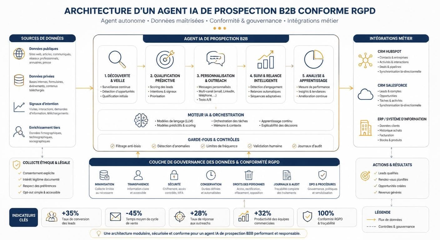 Infographie d'architecture d'un agent IA de prospection B2B conforme RGPD intégré au CRM