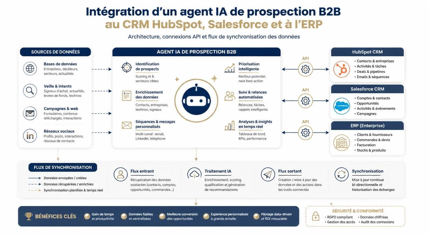 Infographie de l'intégration d'un agent IA de prospection B2B au CRM HubSpot, Salesforce et au système d'information