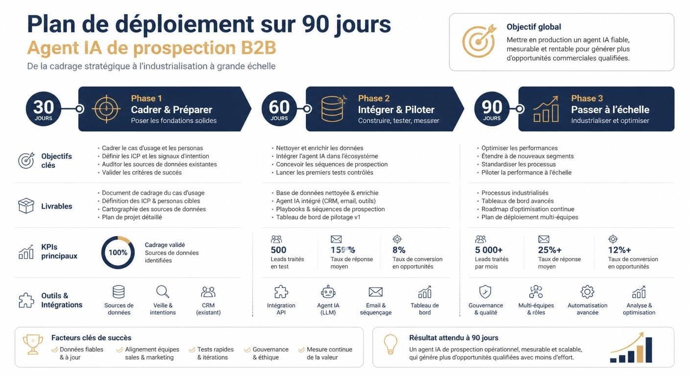 Infographie du déploiement en 90 jours d'un agent IA de prospection B2B