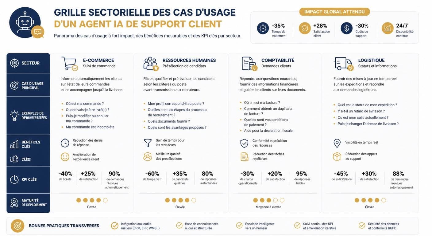 Infographie des cas d'usage de l'agent IA support client par secteur