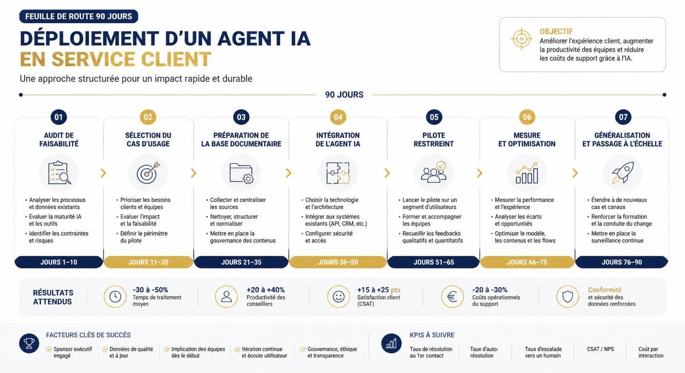 Infographie de la feuille de route 90 jours pour déployer un agent IA dans son SAV