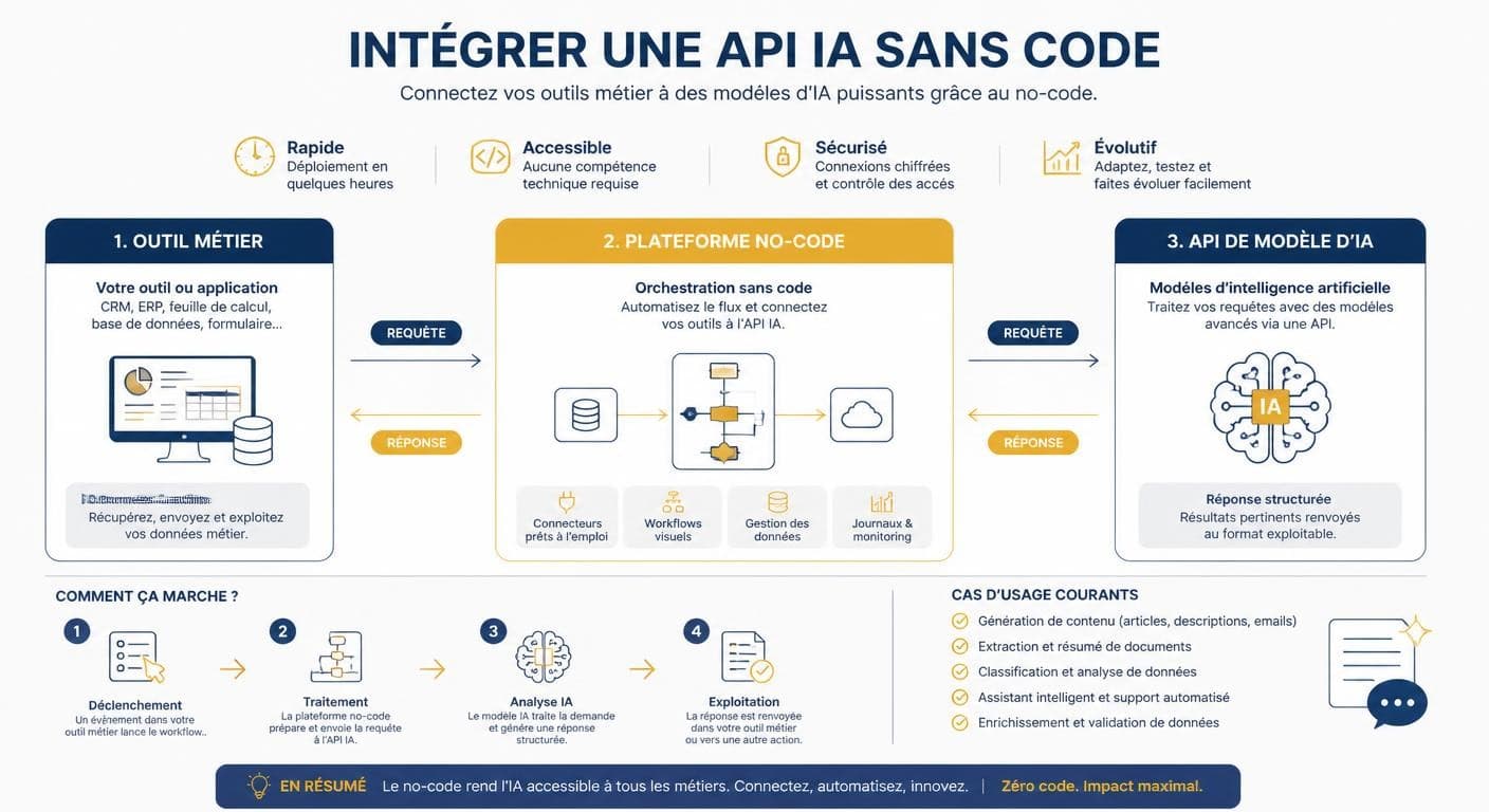 Infographie expliquant l'intégration d'une API IA sans code entre outils métier et modèle d'IA