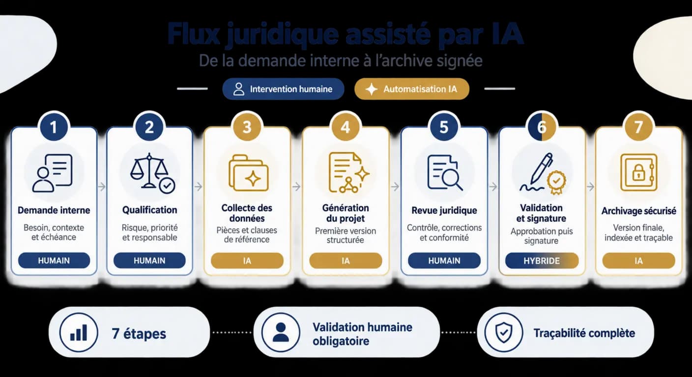 Les sept étapes du circuit de production d'un acte juridique assisté par IA