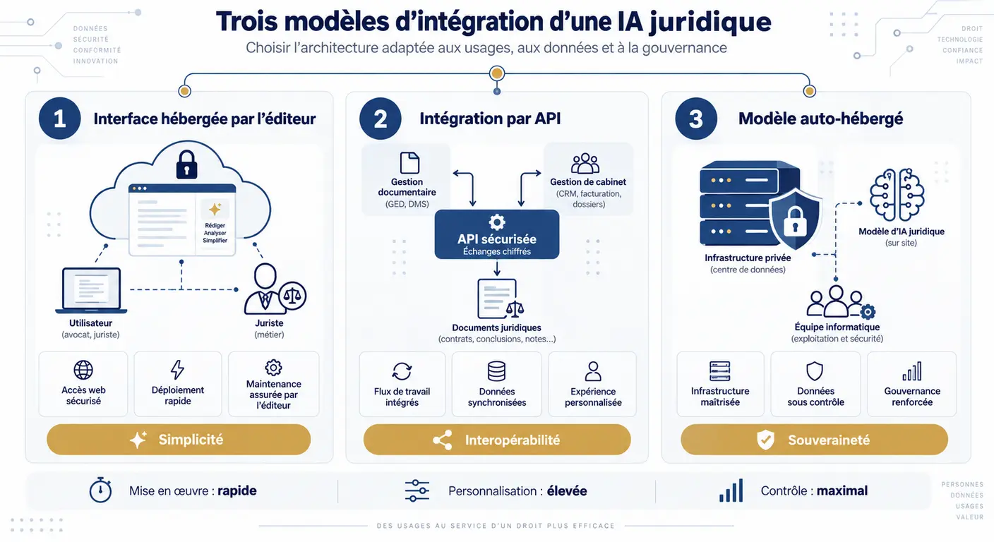 Trois architectures d'intégration d'un outil IA de rédaction juridique au système d'information