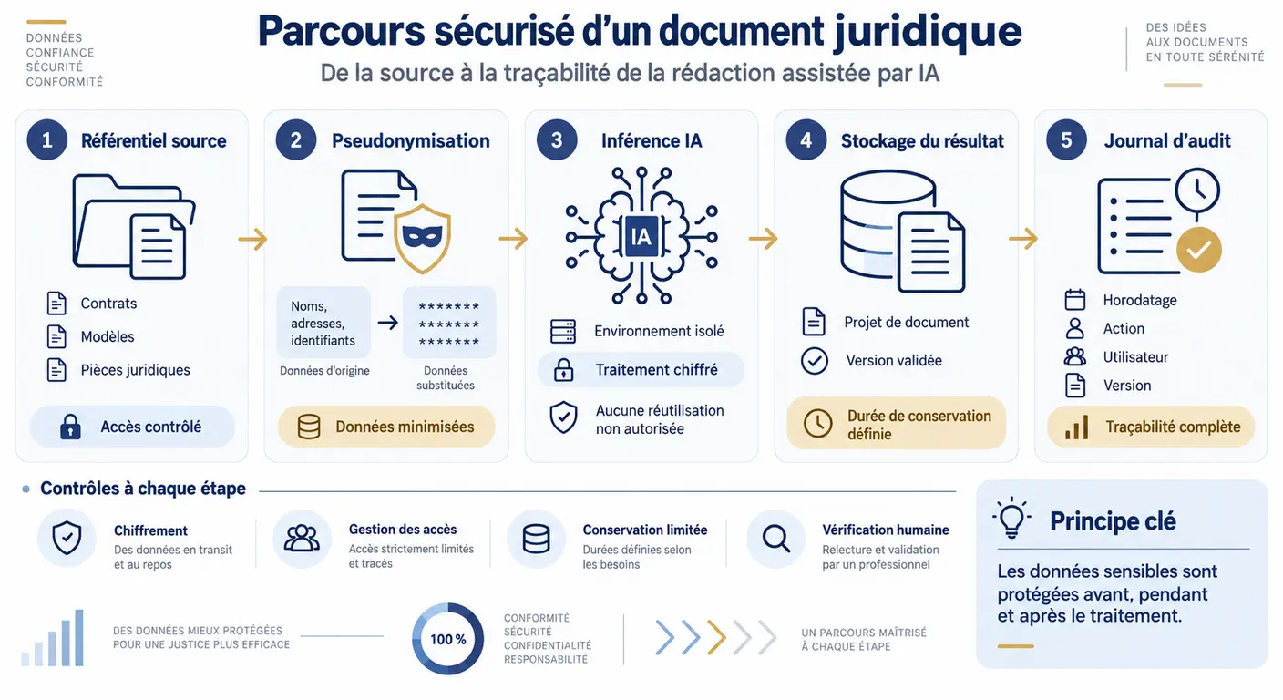 Trajet des données d'un document juridique dans un outil de rédaction assistée par IA
