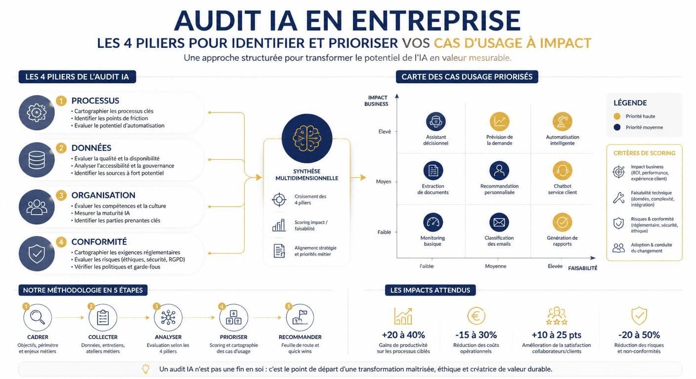 Infographie définissant les quatre piliers d'un audit IA en entreprise
