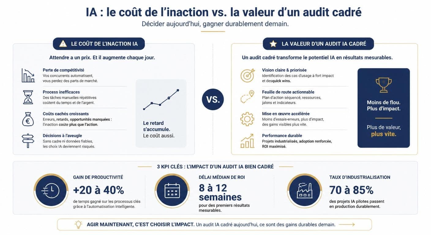 Infographie comparant le coût de l'inaction et la valeur d'un audit IA cadré