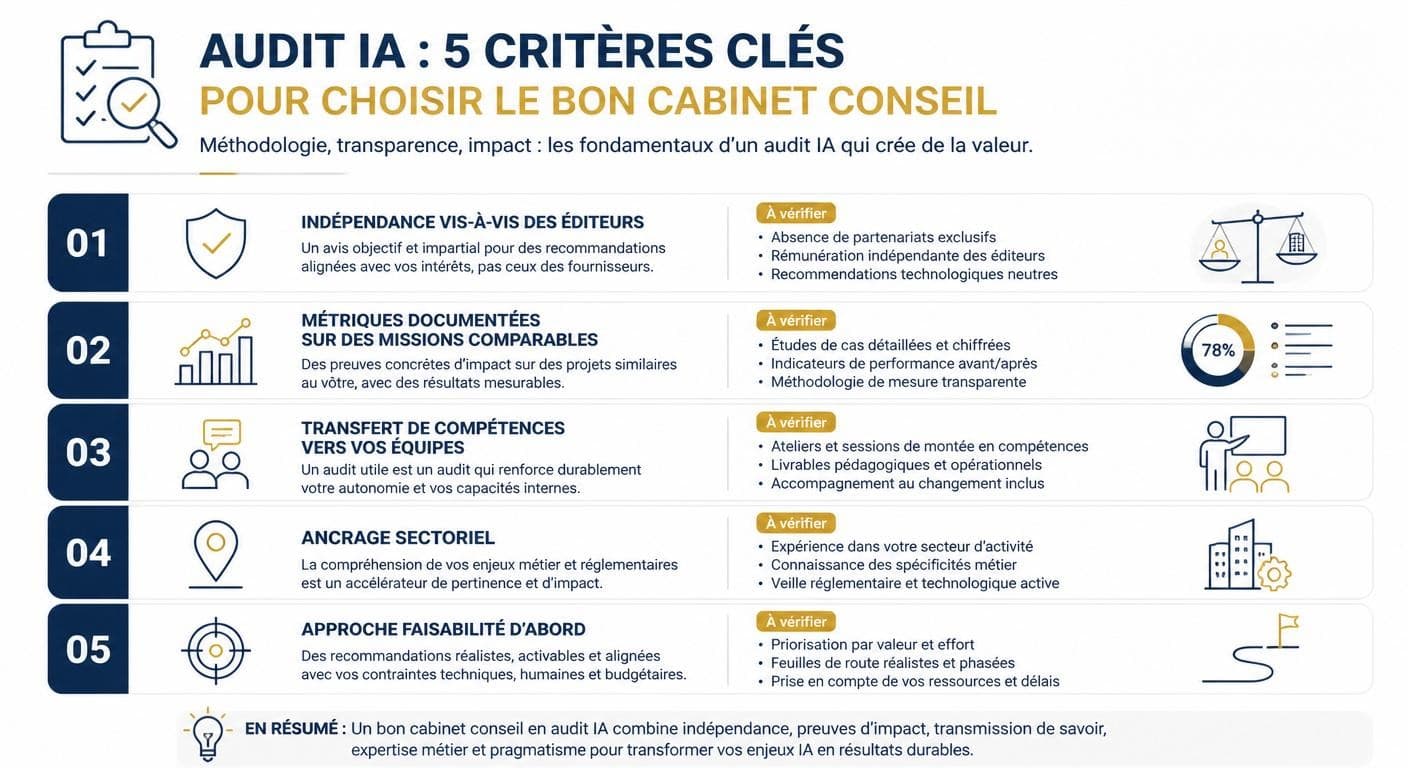 Infographie des critères de choix d'un cabinet conseil en audit IA