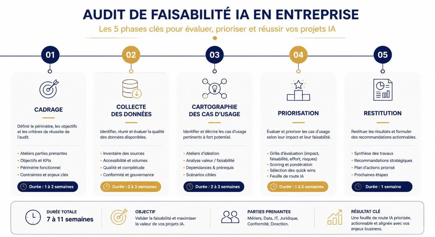 Infographie des cinq phases d'un audit de faisabilité IA