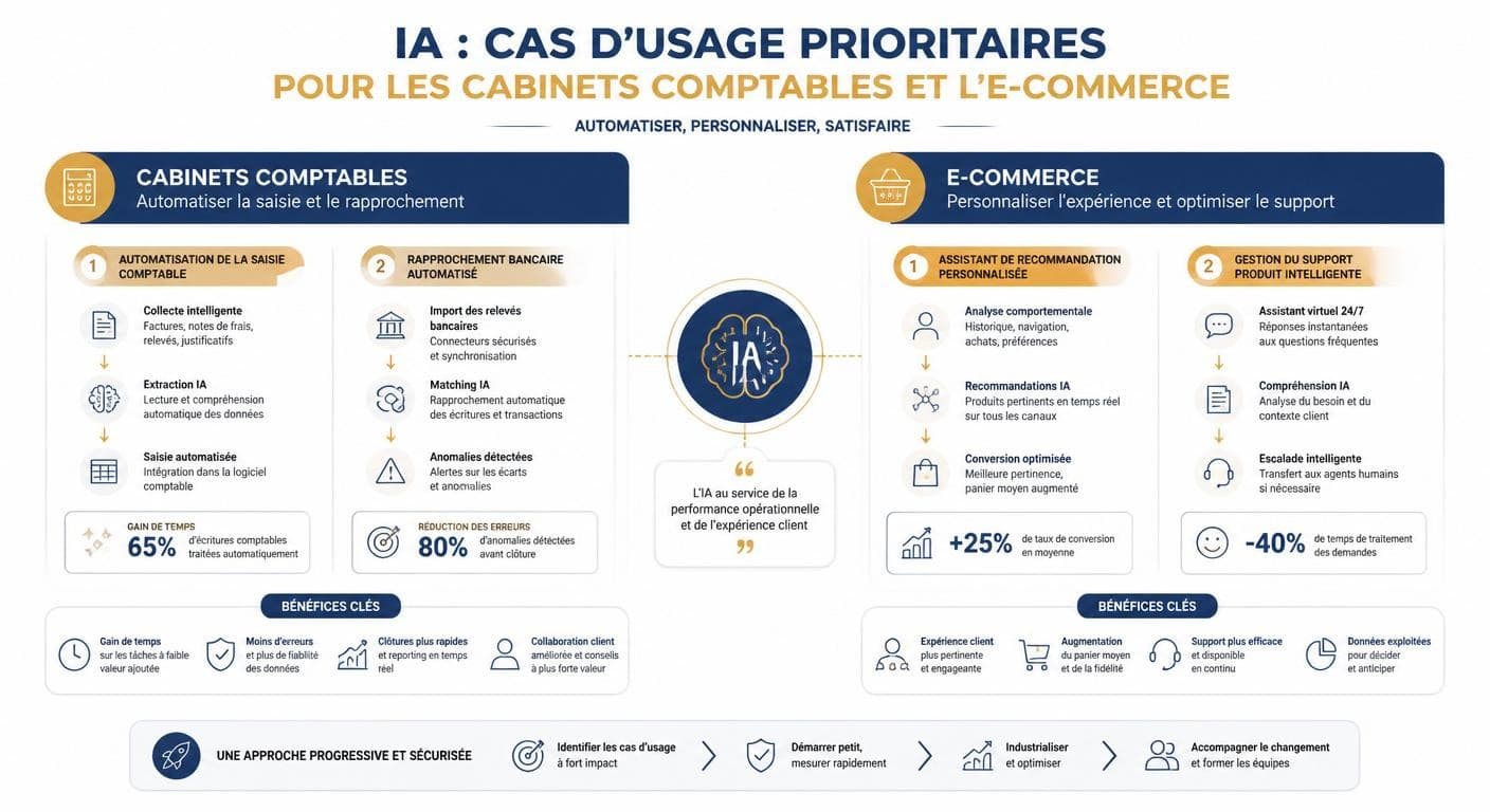 Infographie des cas d'usage IA pour les cabinets comptables et l'e-commerce