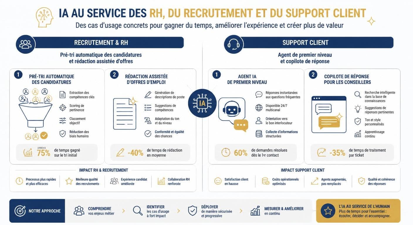 Infographie des cas d'usage IA pour les RH et le support client