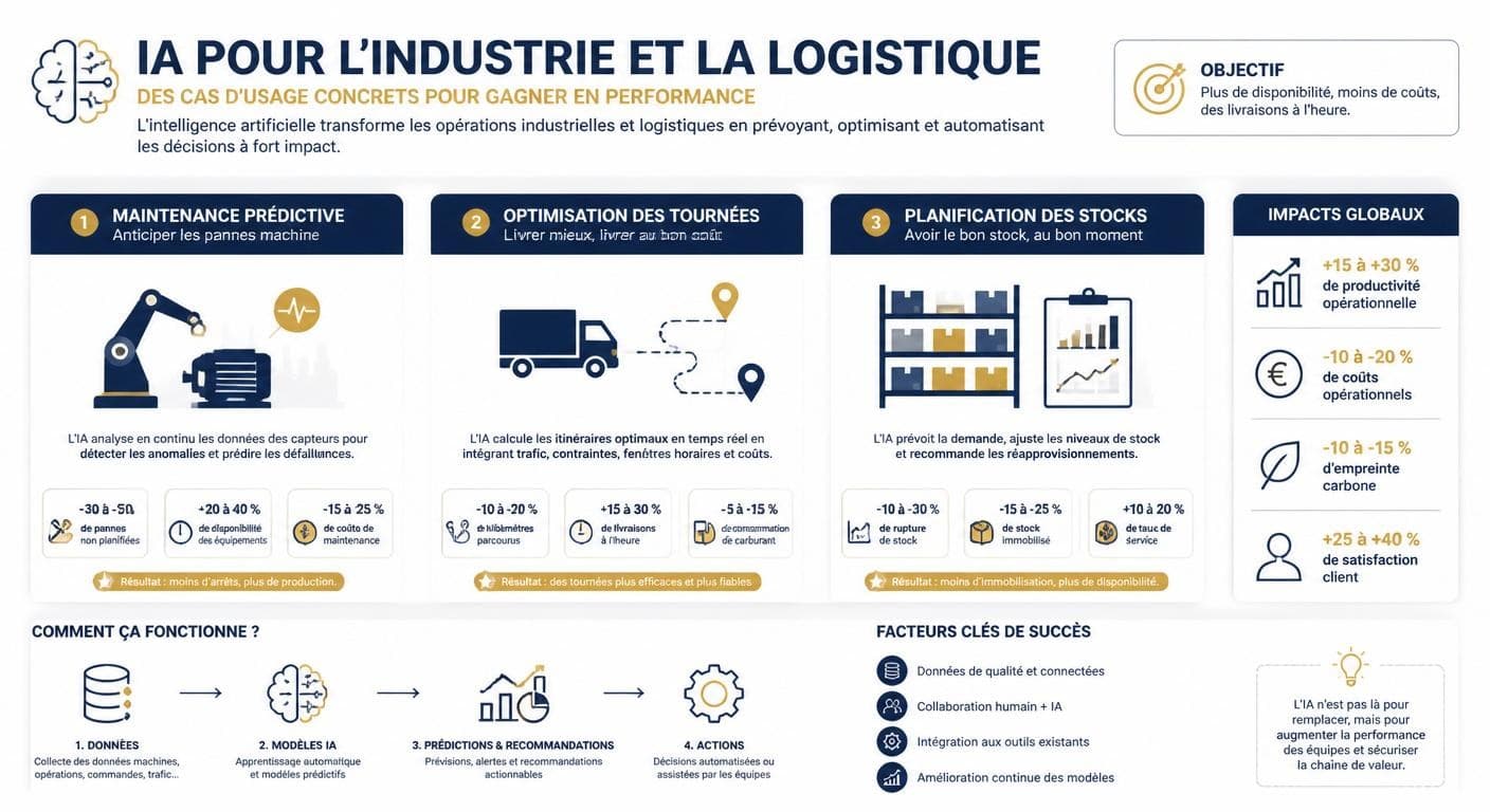 Infographie des cas d'usage IA pour les opérations industrielles et la logistique
