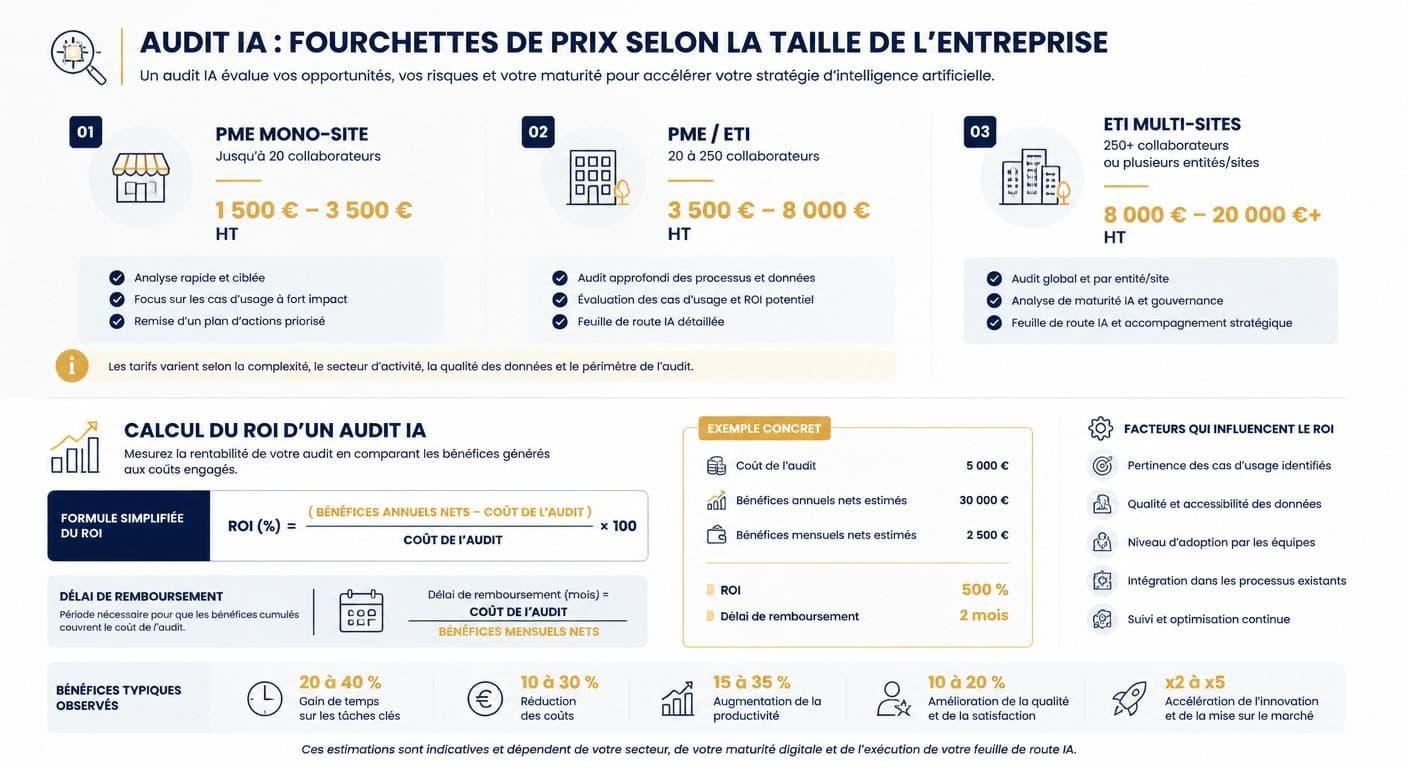 Infographie des fourchettes de prix et du ROI d'un audit IA