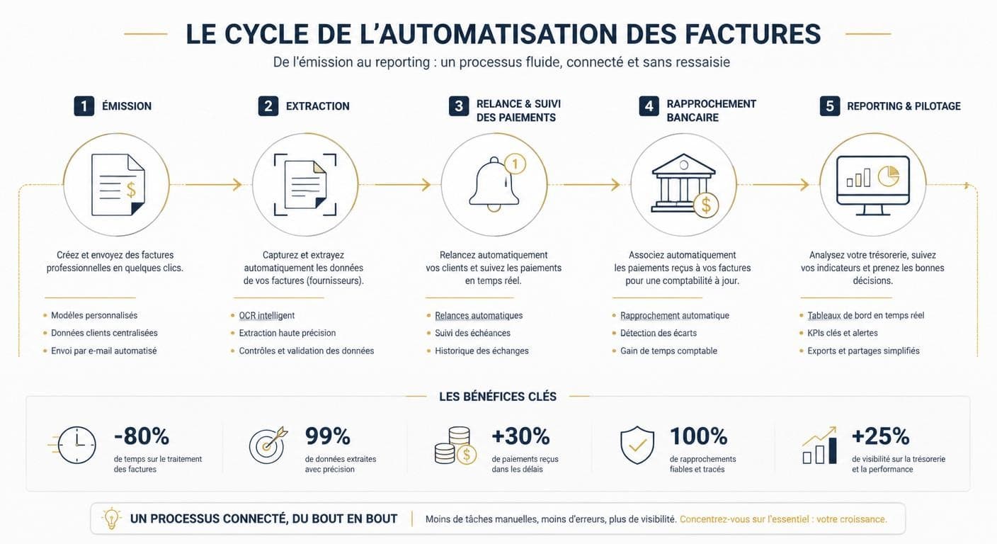 Infographie du cycle complet de facturation automatisée en cinq étapes