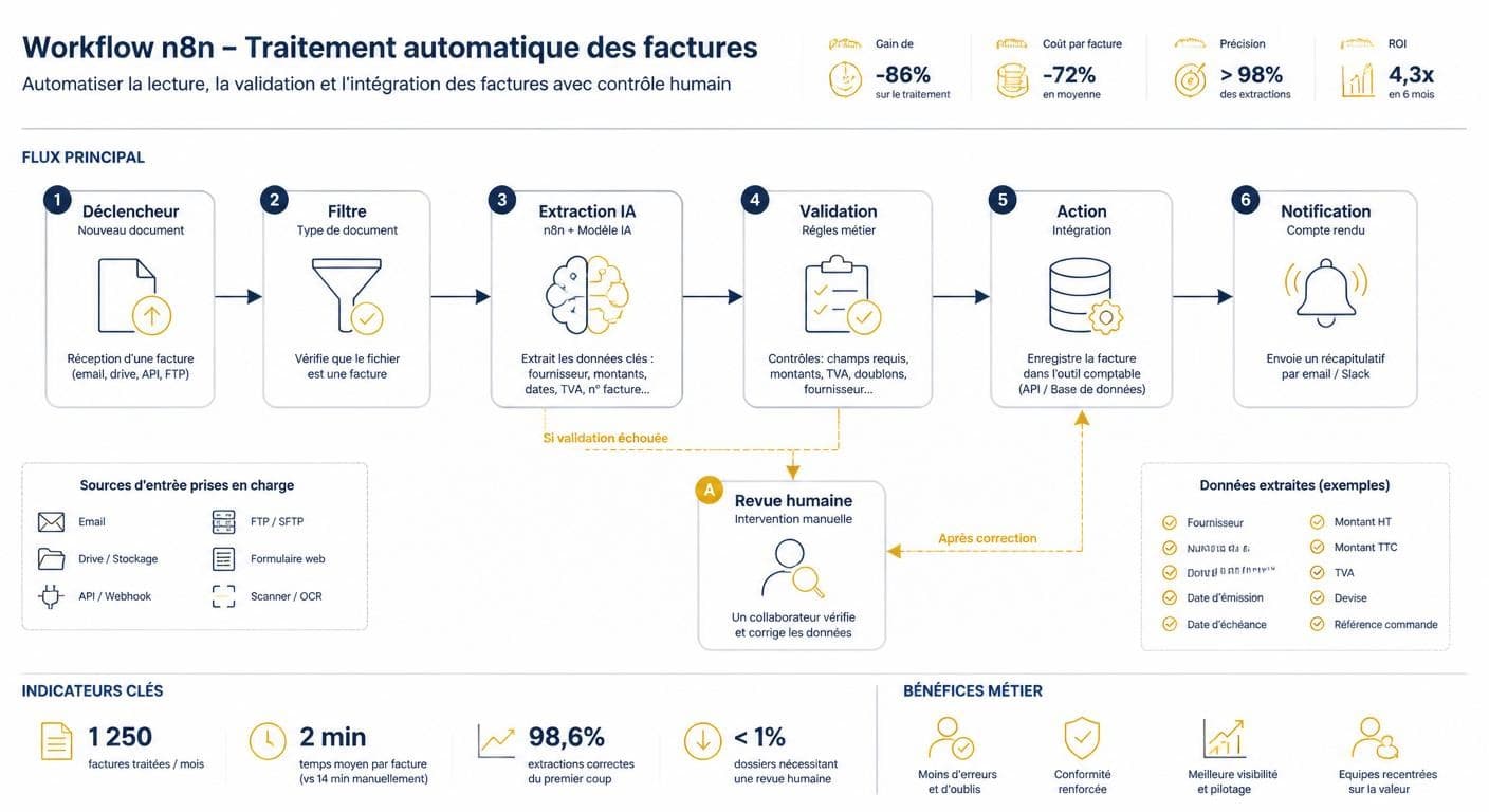 Schéma d'un workflow n8n de facturation avec nœud d'extraction IA et validation