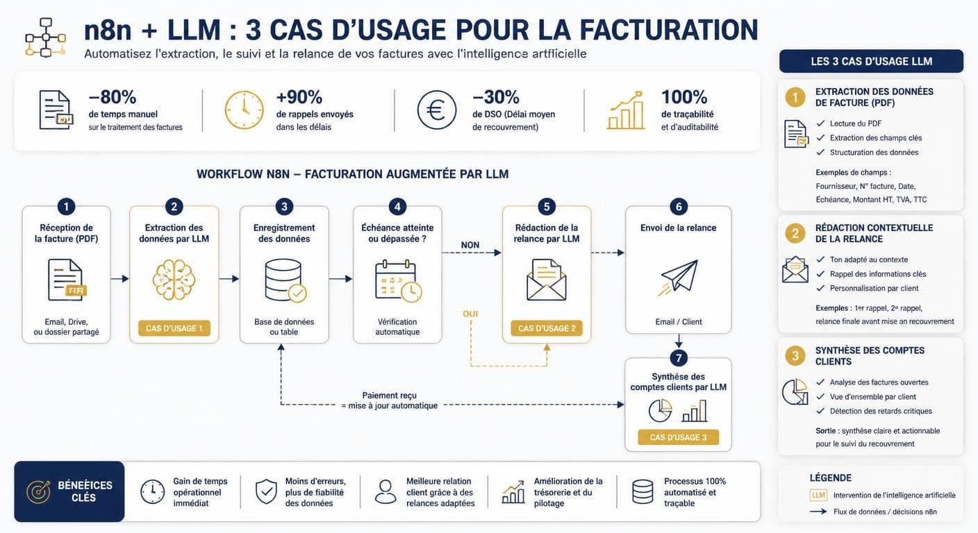 Infographie du rôle du modèle de langage dans un workflow n8n de facturation