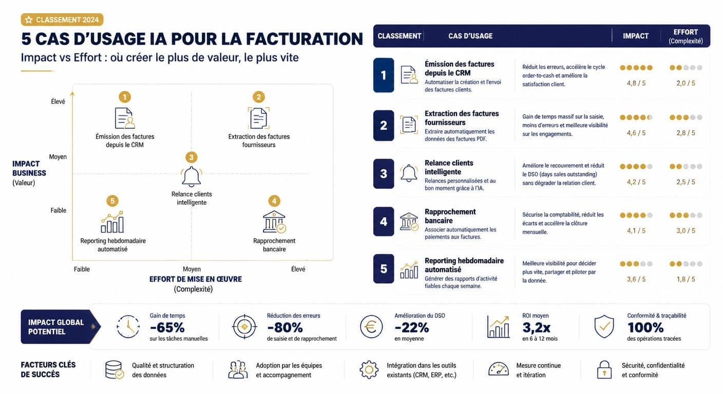 Infographie de priorisation impact/effort des cinq cas d'usage de facturation IA