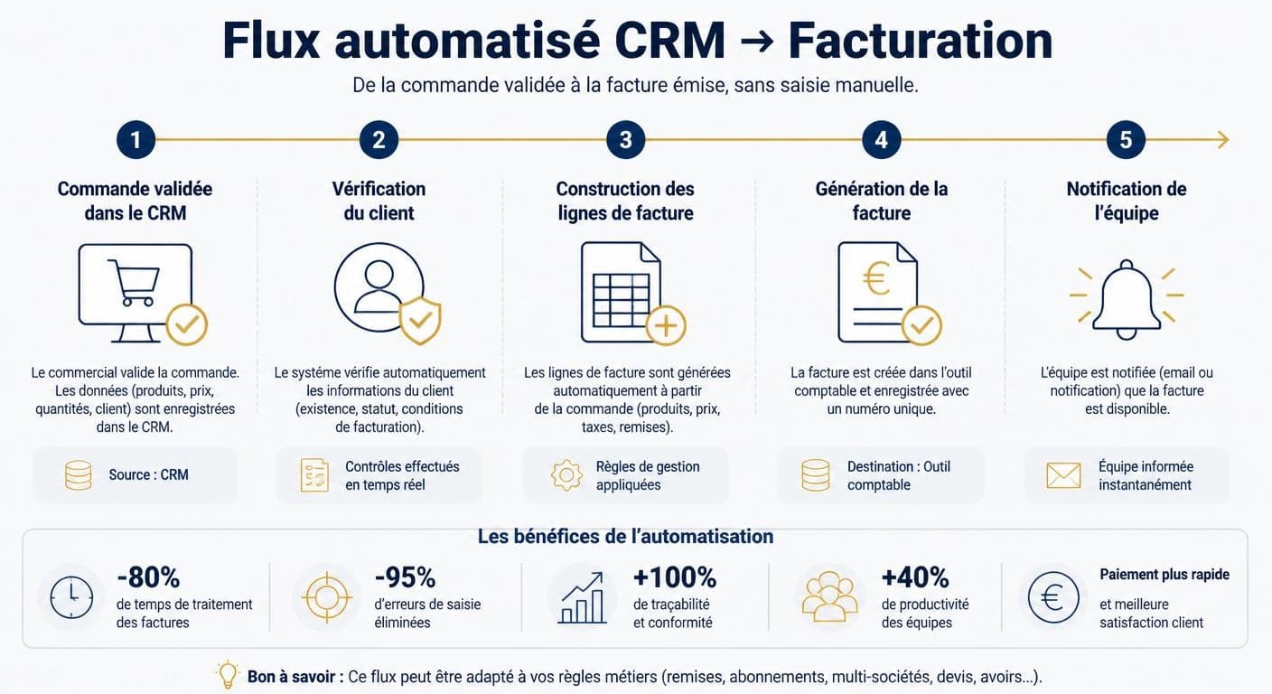 Infographie de l'automatisation de l'émission de factures depuis le CRM