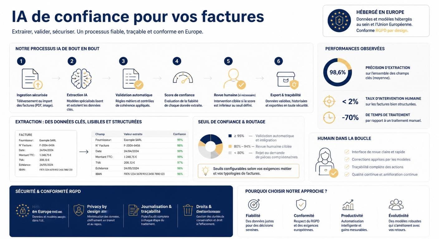 Infographie sur la fiabilité de l'IA et la conformité RGPD de la facturation automatisée