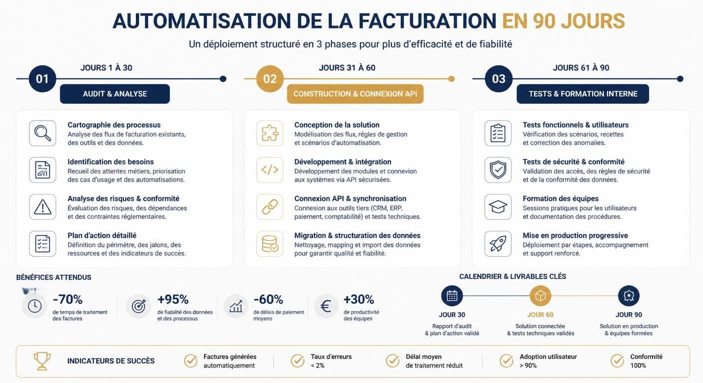 Infographie de la méthode de déploiement d'une facturation automatisée en 90 jours