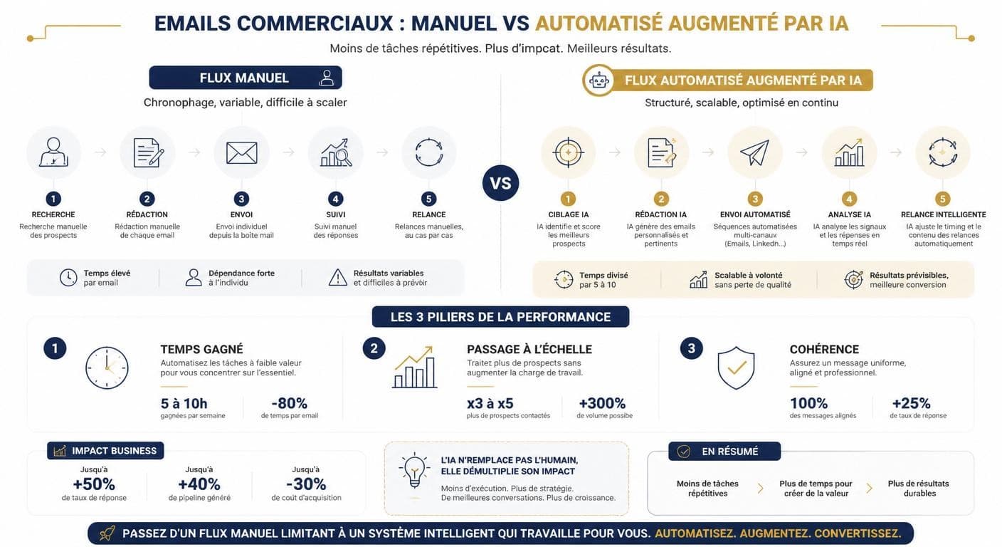 Infographie comparant un flux d'emails commerciaux manuel et un flux automatisé par IA