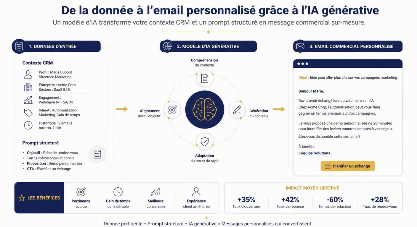 Infographie montrant comment l'IA transforme un contexte CRM en email commercial personnalisé