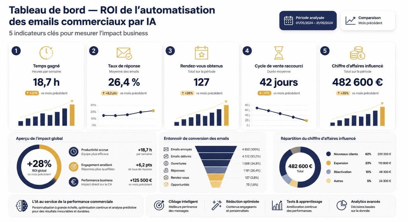 Infographie d'un tableau de bord du ROI de l'automatisation des emails commerciaux par IA