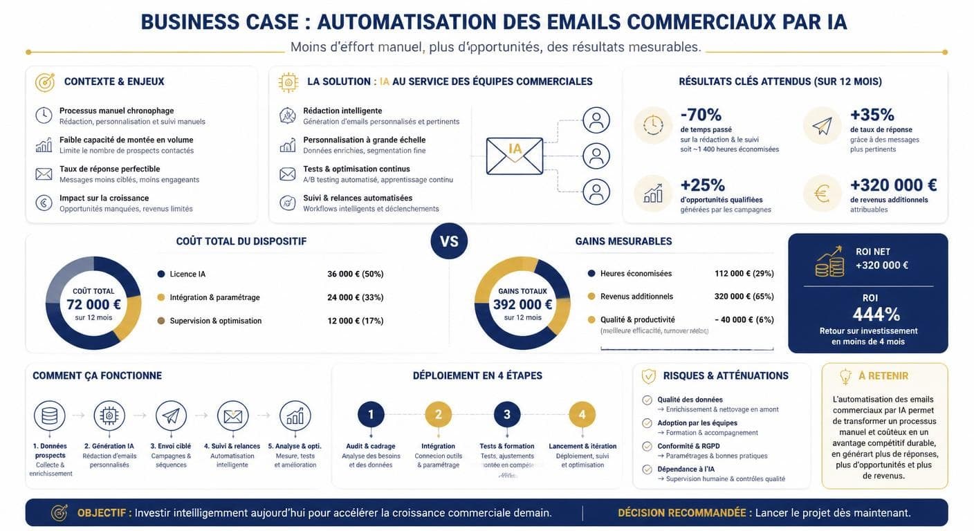 Infographie d'un business case pour l'automatisation des emails commerciaux par IA