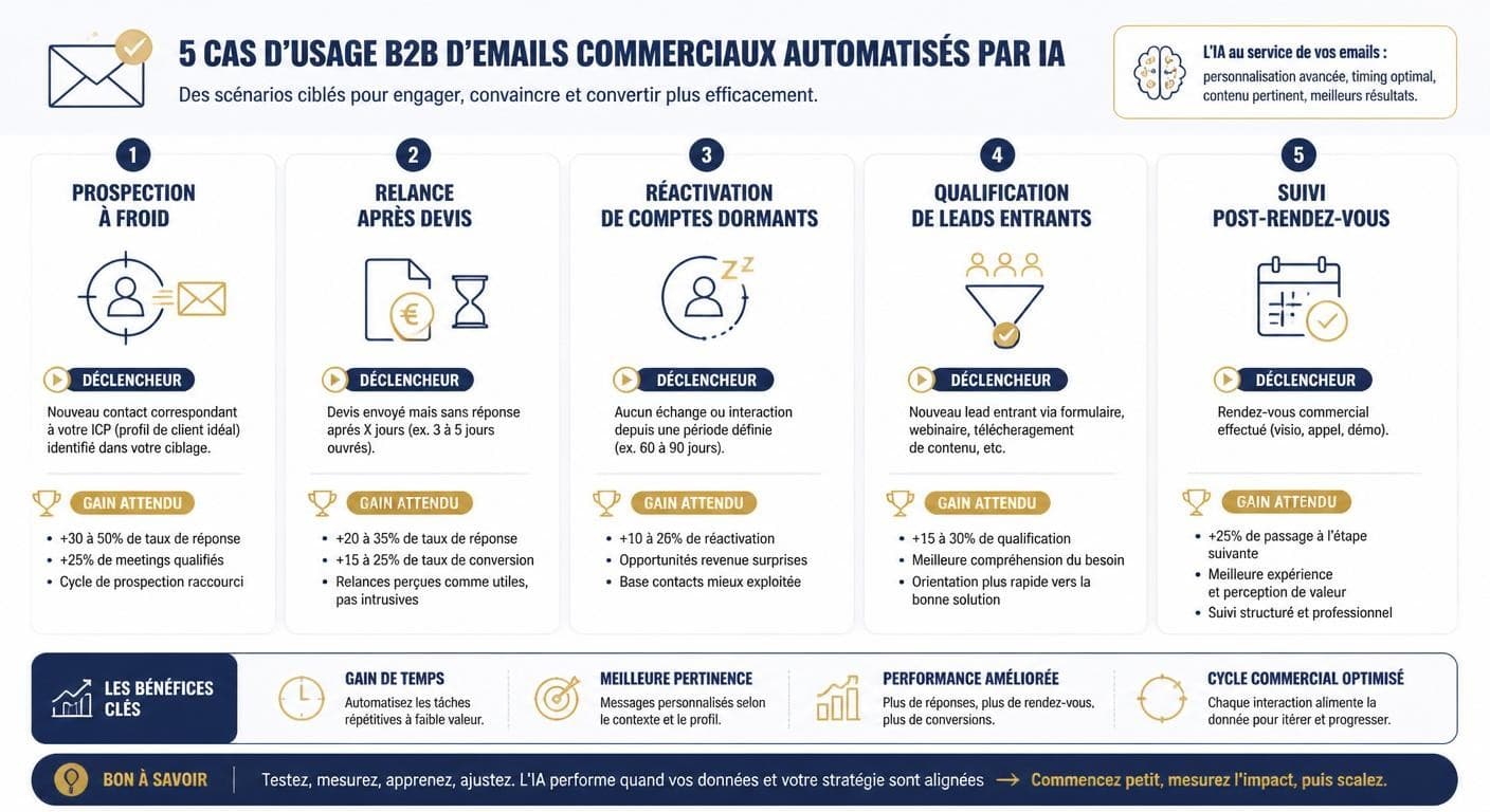 Infographie cartographiant cinq cas d'usage B2B d'emails commerciaux automatisés par IA