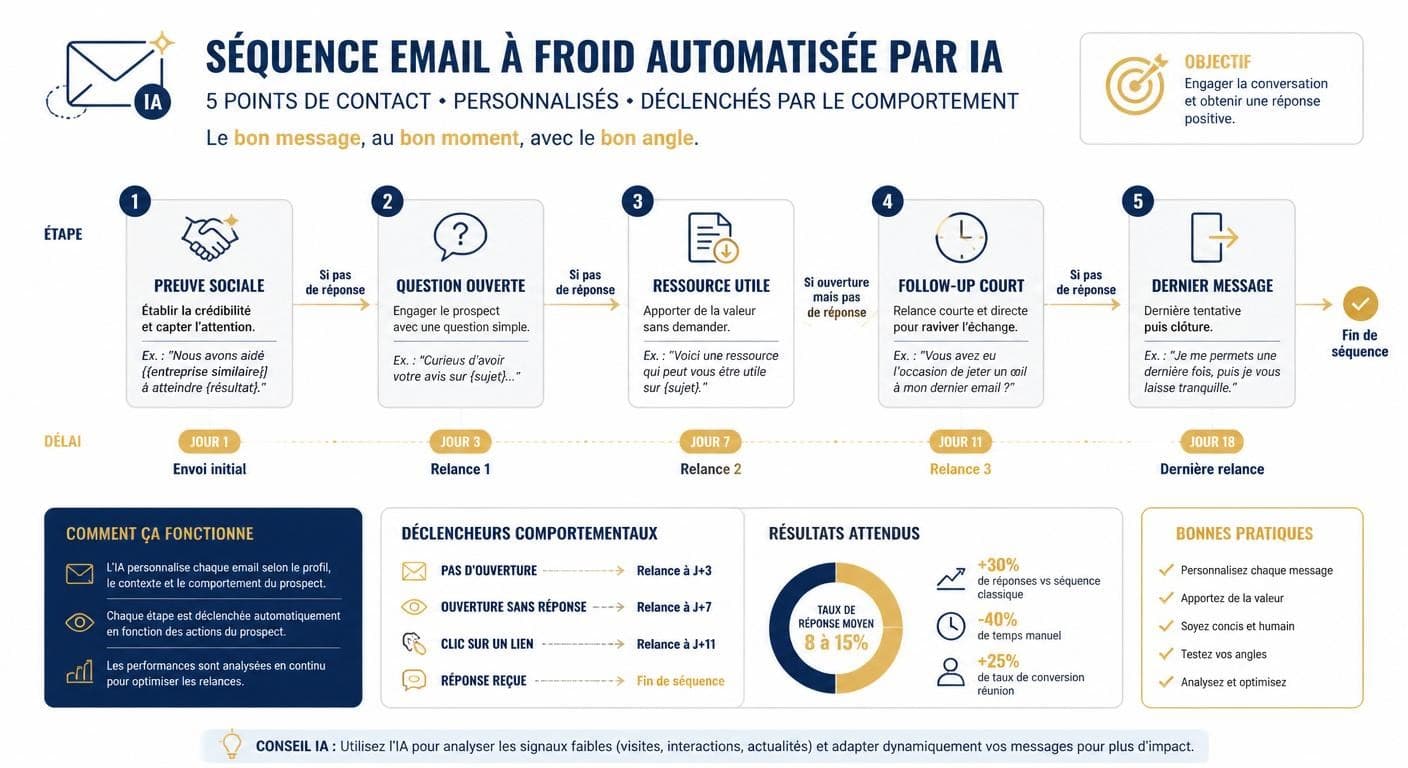 Infographie d'une séquence de prospection email à froid automatisée par IA