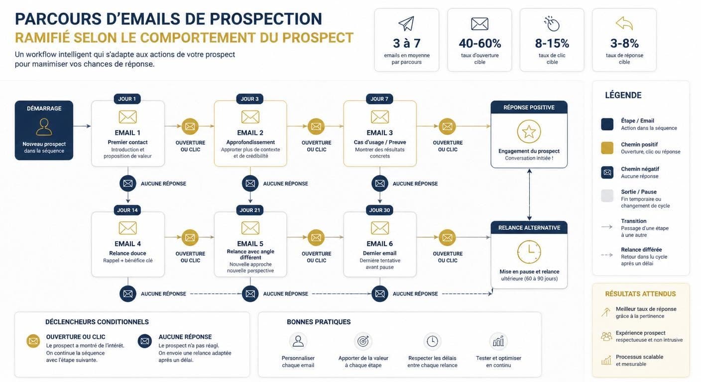 Infographie d'un parcours d'emails de prospection ramifié selon le comportement du prospect