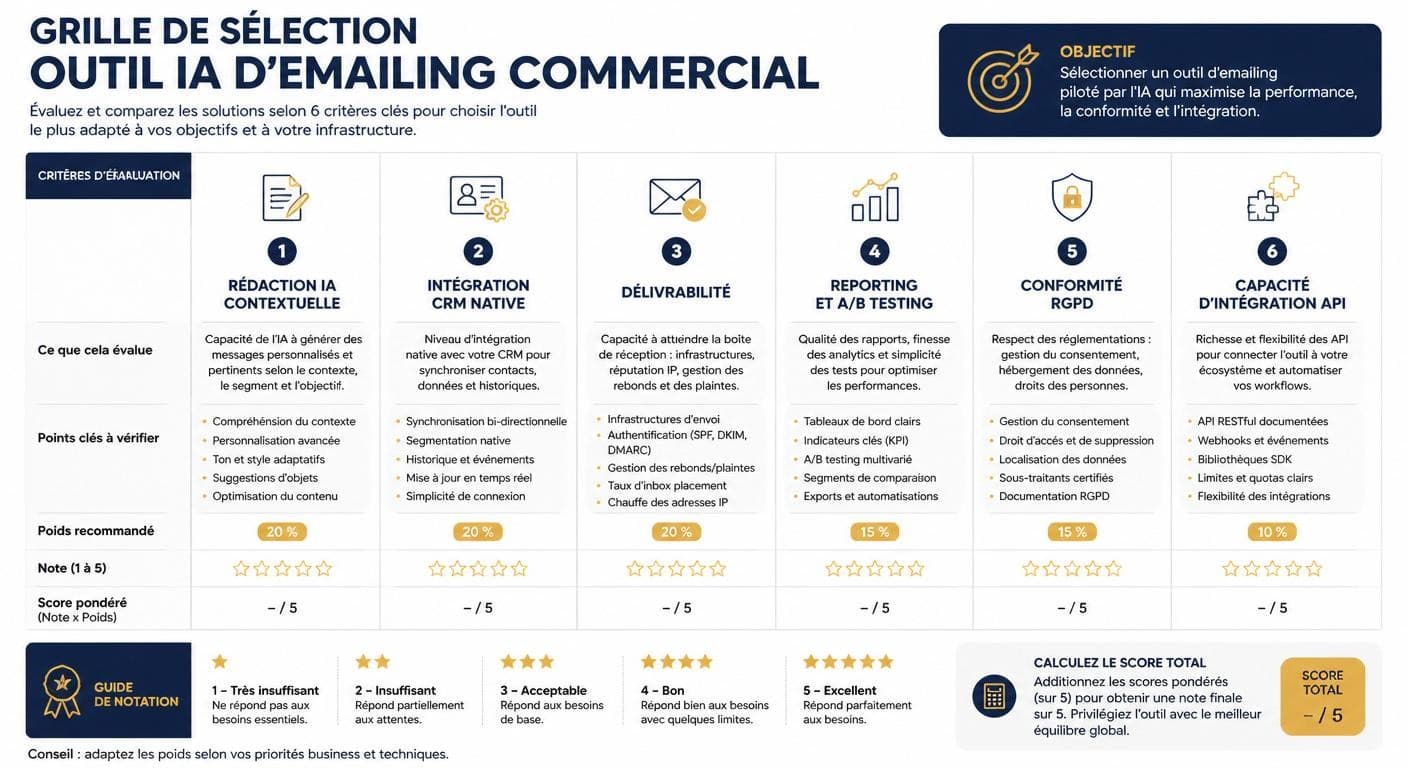 Infographie d'une grille de sélection d'un outil IA d'emailing commercial selon six critères