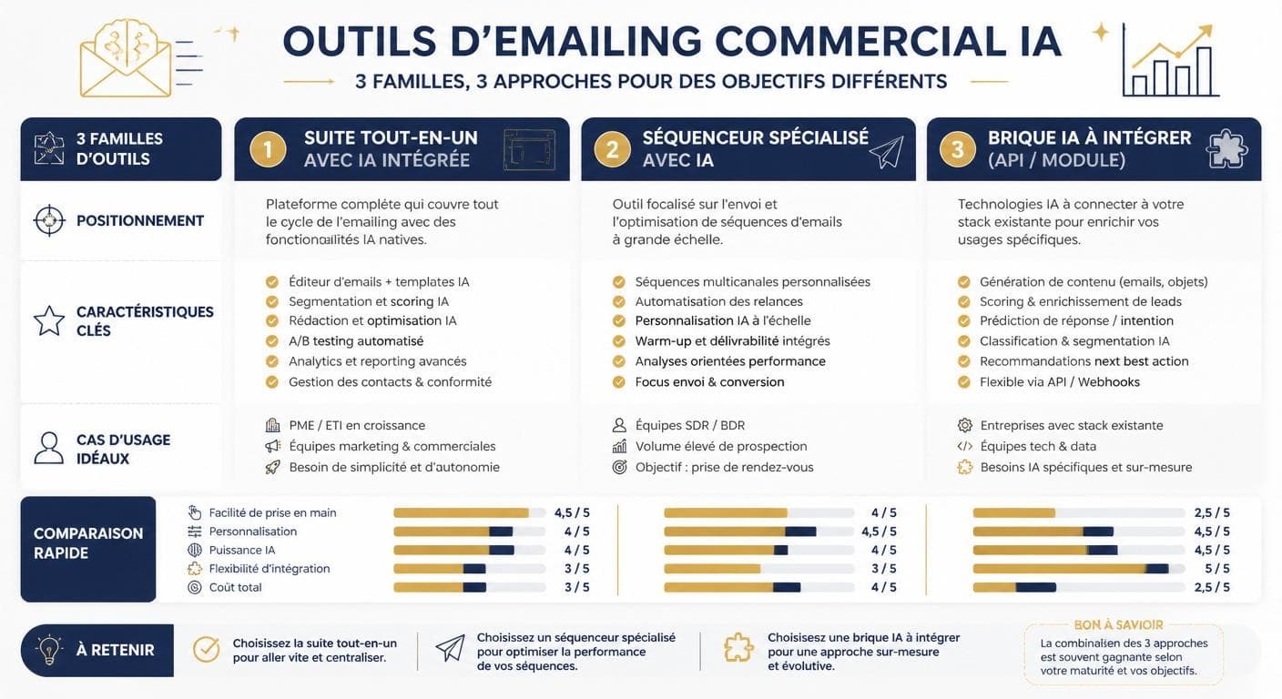 Infographie comparant les trois familles d'outils IA d'emailing commercial