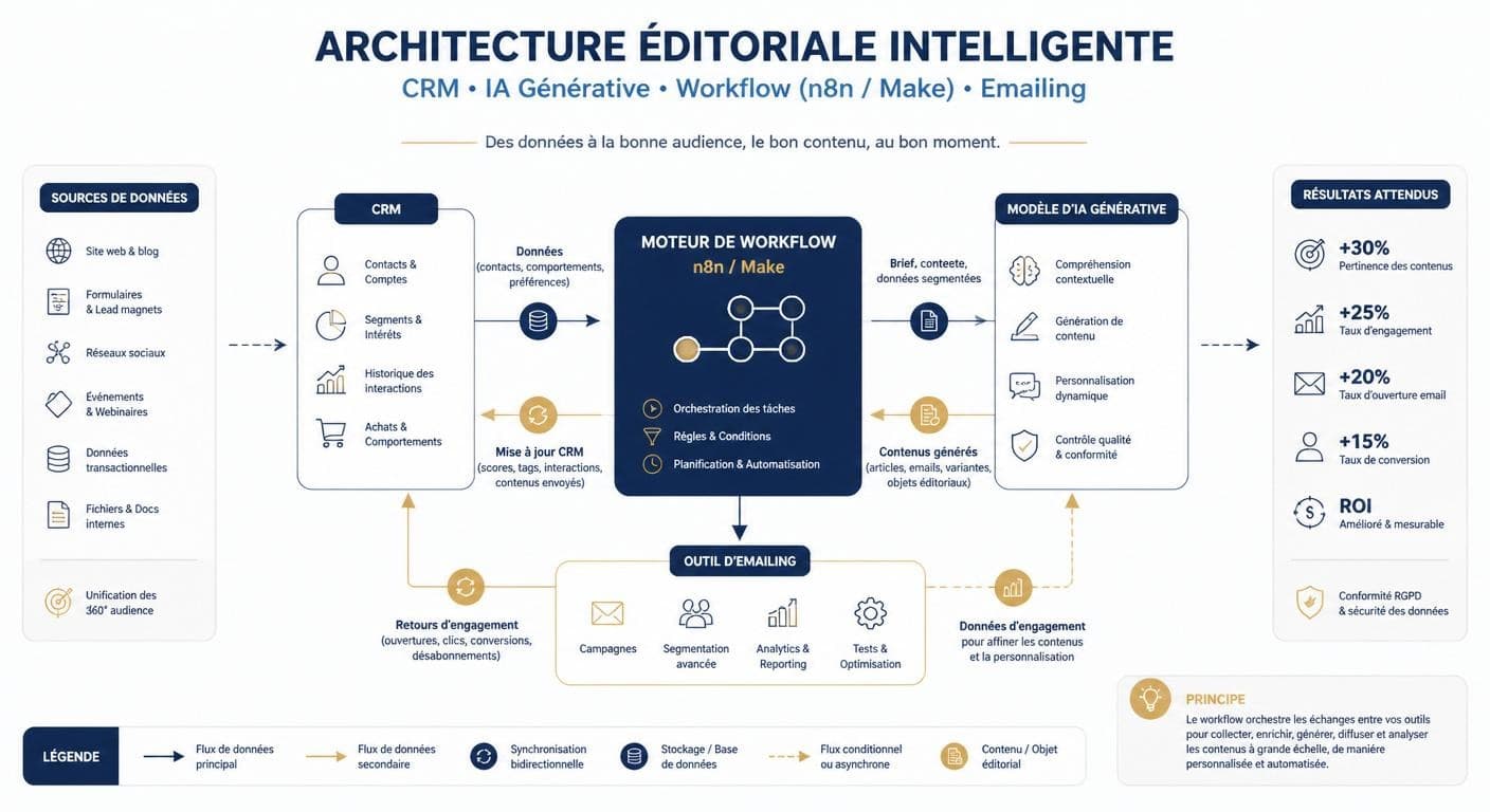 Schéma d'architecture connectant CRM, modèle IA, moteur de workflow et outil d'emailing