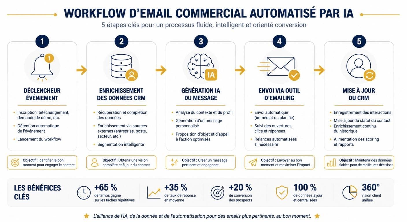 Infographie des cinq étapes d'un workflow d'email commercial automatisé par IA