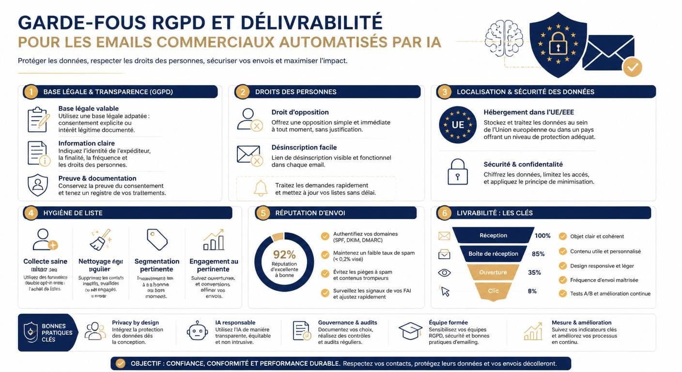 Infographie des garde-fous RGPD et de délivrabilité pour les emails commerciaux automatisés par IA