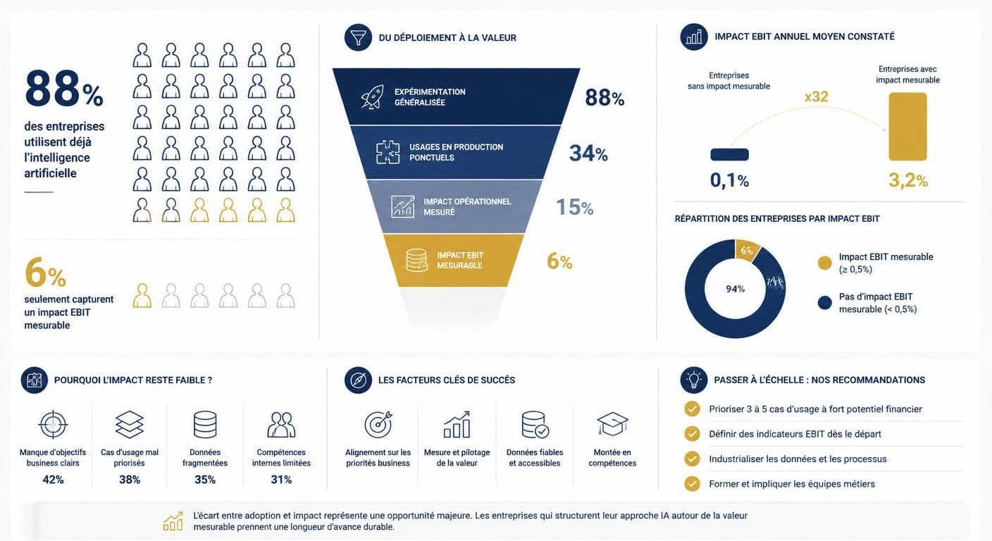 Infographie opposant les 88 % d'entreprises utilisant l'IA aux 6 % qui en captent un impact mesurable