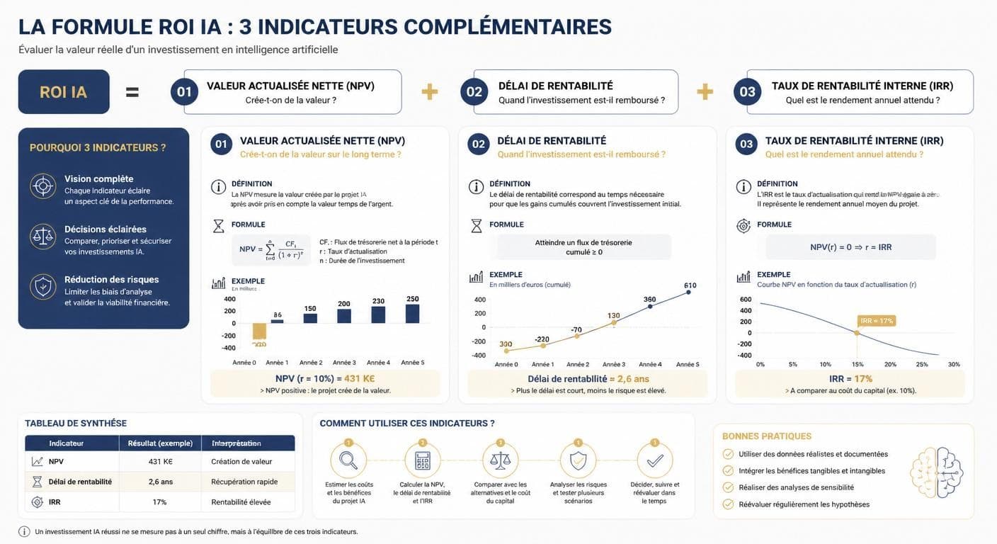 Infographie de la formule du ROI IA complétée par la VAN, le payback et le TRI