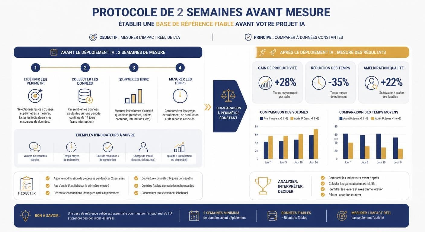 Infographie du protocole de baseline avant/après pour mesurer le ROI d'un projet IA en PME
