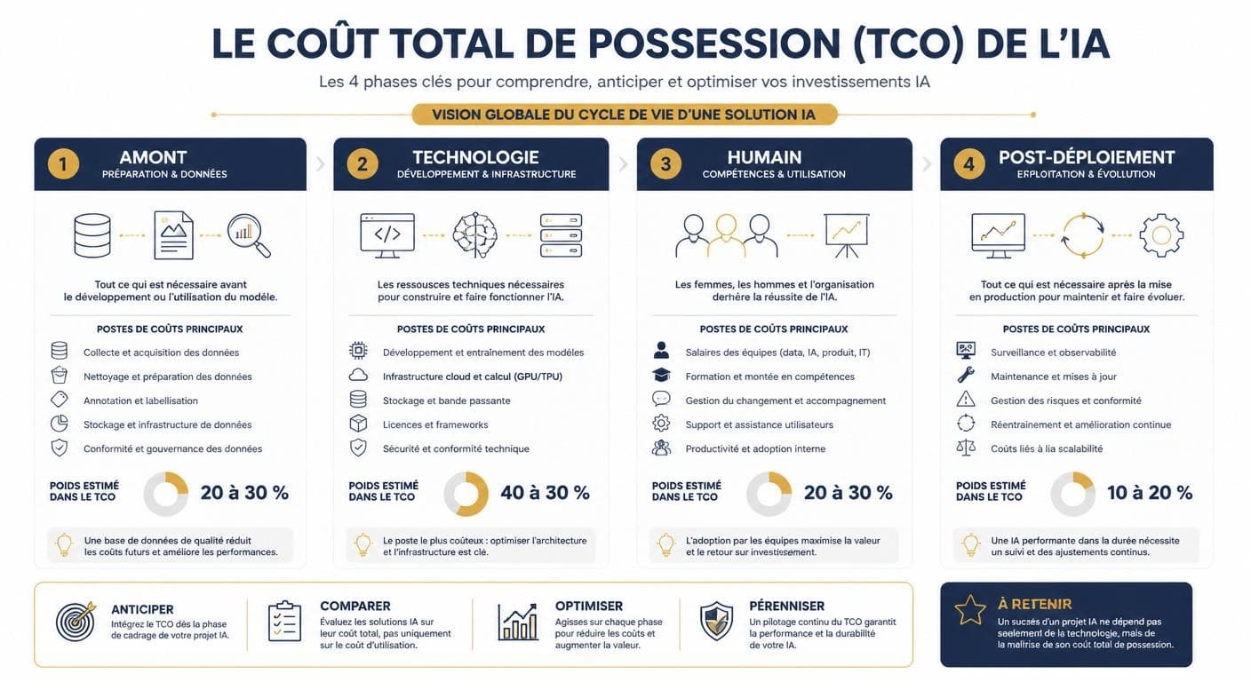 Infographie du coût total de possession d'un projet IA en quatre phases