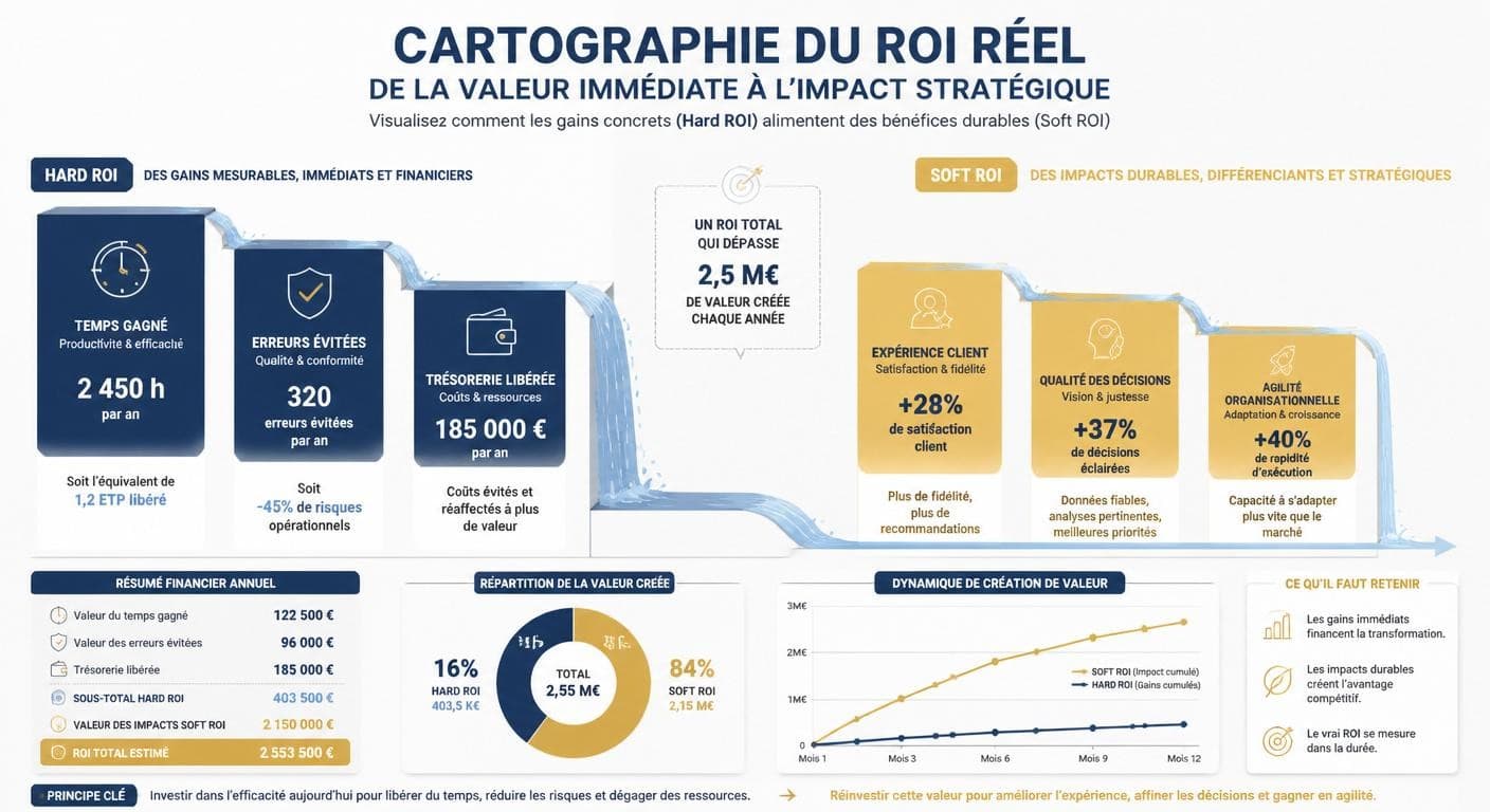 Infographie en cascade opposant le hard ROI et le soft ROI d'un projet IA